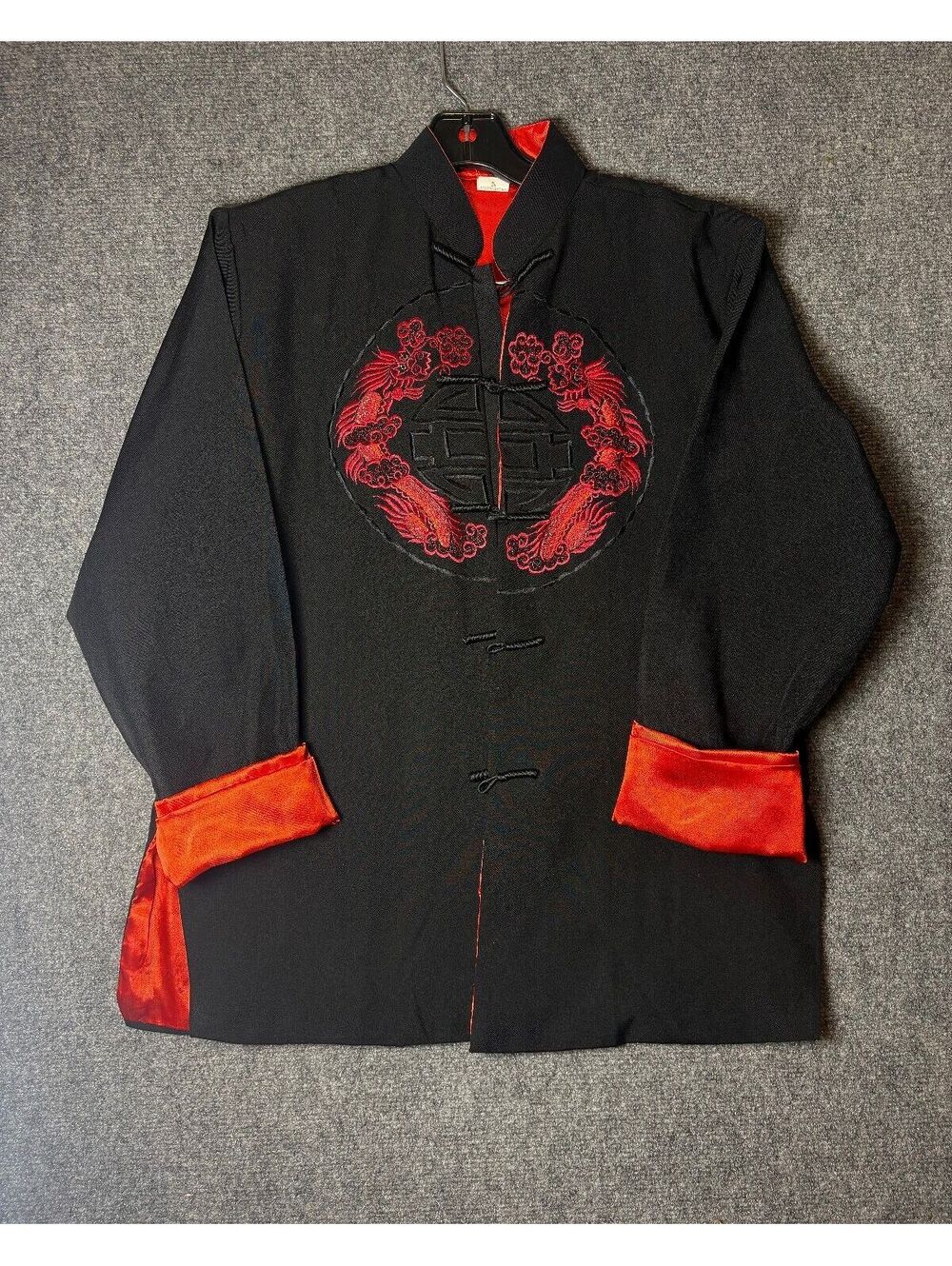 Vintage Black and Red Silk Rayon Embroidered Vietnamese Jacket-0232
